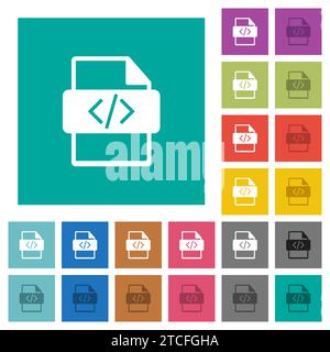 Script file type multi colored flat icons on plain square backgrounds. Included white and darker icon variations for hover or active effects. Stock Vector