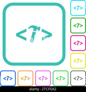Web development with hammer vivid colored flat icons in curved borders on white background Stock Vector