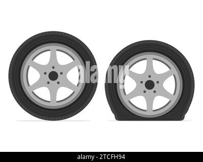 Normal and flat tire. Deflated automobile tire. Punctured wheel of car. Tire service station garage. Vector illustration. Stock Vector
