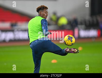 Jamal Lowe #10 of Swansea City warms up ahead of the match, during the Sky Bet Championship match Stoke City vs Swansea City at Bet365 Stadium, Stoke-on-Trent, United Kingdom, 12th December 2023  (Photo by Craig Thomas/News Images) in Stoke-on-Trent, United Kingdom on 12/12/2023. (Photo by Craig Thomas/News Images/Sipa USA) Stock Photo