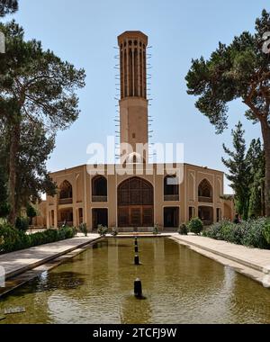 Windtower (wind catcher), Dowlat Abat Garden. Yazd city. Iran.  Low angle view of dowlat, a symbol of Iran Culture: Dowlat Abad or dowlatabat. Stock Photo