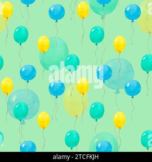 Seamless pattern watercolor yellow, blue, green balloons isolated on a green background. Hand painted watercolor illustration. Art print for wedding Stock Photo