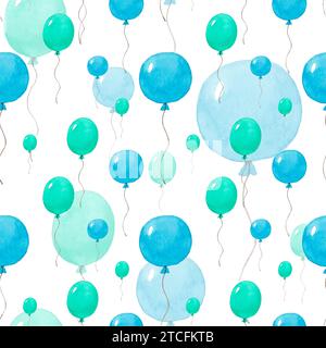 Seamless pattern watercolor blue, green balloons isolated on a white background. Hand painted watercolor illustration. Art print for holiday design Stock Photo