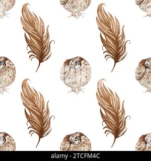 Watercolor seamless pattern with quail, bird, chicken feathers illustration. Hand drawn sketch. Watercolor print cute isolated on white background Stock Photo