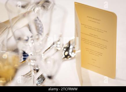 THE HAGUE - The menu during a state banquet in the Royal Palace Amsterdam. At the invitation of the king, South Korean President Yoon Suk Yeol will pay a state visit to the Netherlands. ANP KOEN VAN WEEL netherlands out - belgium out Stock Photo