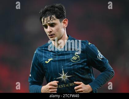 Charlie Patino #18 of Swansea City, during the Sky Bet Championship match Stoke City vs Swansea City at Bet365 Stadium, Stoke-on-Trent, United Kingdom, 12th December 2023  (Photo by Craig Thomas/News Images) Stock Photo