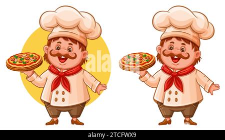 Cute pizza chef cook, pizzeria cooking baker master hold tray Italian fast food with cheese icon. Funny cooking man character in culinary hat. Vector Stock Vector