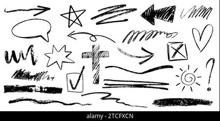 Hand drawn charcoal pencil rough line, symbol or scribble set. Different squiggles, black strokes, stars, wavy lines, arrow, crosses and check marks grunge drawing. Freehand chalk stripes and waves. Stock Vector