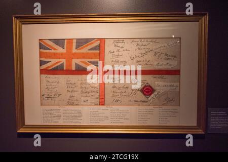 A British Royl Navy flag from WWI signed by many politicians and War personnel in the International Maritime Museum in HafenCity, Hamburg, Germany. Stock Photo