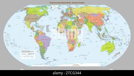 Polish language Political map of the world Equal earth projection Stock Vector