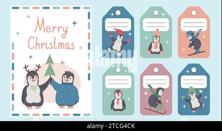 Vector Christmas Tags Collection in Pastel Colors with Cute Animals and Christmas Greeting Card. Set of Posters with Cartoon Penguins Playing and Enjo Stock Vector