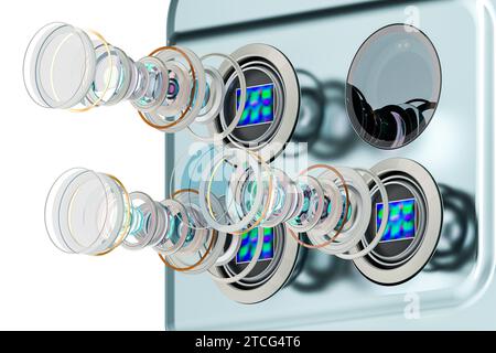 Multi Camera Smartphone. Disassembled smartphone cameras, modern lens of smartphone cameras, structure. 3D rendering isolated on white background Stock Photo