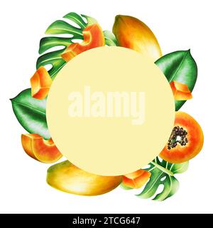 Marker frame, logo and templates with sweet ripe slice of papaya with grains, tropical leafs, monstera in watercolor style. Hand drawn realistic tasty Stock Photo