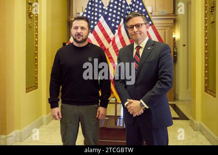 Washington, United States. 12th Dec, 2023. U.S House Speaker Mike Johnson, R-LA, right, hosts a face-to-face bilateral meeting with Ukrainian President Volodymyr Zelenskyy, left, on Capitol Hill, December 12, 2023 in Washington, DC Credit: Ukraine Presidency/Ukrainian Presidential Press Office/Alamy Live News Stock Photo