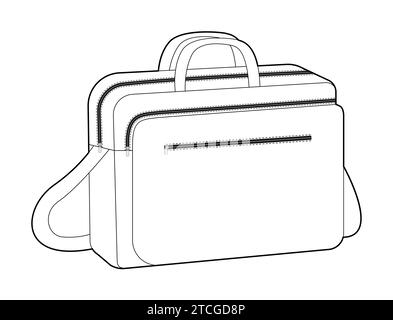 Computer laptop Bag messenger silhouette bag. Fashion accessory technical illustration. Vector satchel front 3-4 view for Men, women, unisex style, flat handbag CAD mockup sketch outline isolated Stock Vector