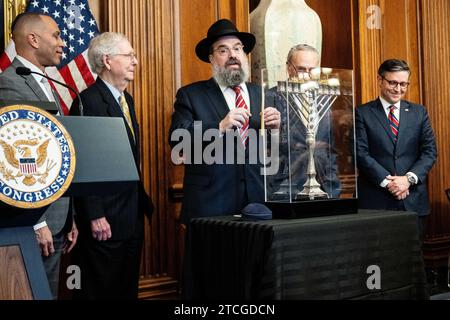 Washington, United States. 12th Dec, 2023. Rabbi Levi Shemtov speaking at a menorah lighting ceremony at the U.S. Capitol. (Photo by Michael Brochstein/Sipa USA) Credit: Sipa USA/Alamy Live News Stock Photo