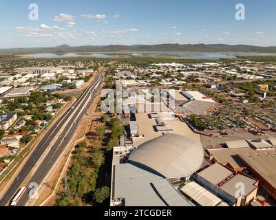 aerial view Gaborone city, industrial area and Gaborone dam in the background Stock Photo