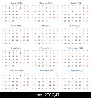 Vector calendar 2024 with the week begins on monday. Stock Vector