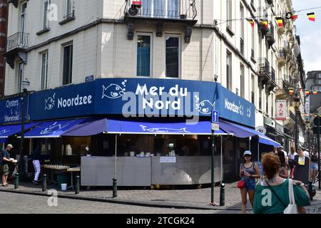 Famous seafood restaurant 'Mer du Nord' in a building corner at Saint-Catherine square in the city centre of Brussels Stock Photo