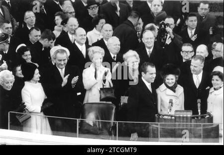01/19/1969. Swearing-in ceremony of Richard Nixon, At his side his wife and the Vice President, and Mrs. Spiro T. Agnew, Applauding in the foreground To the left Mrs. Hubert H. Humphrey, wife of the former Vice President, and the former president and Mrs. Lyndon B. Johnson. Credit: Album / Archivo ABC Stock Photo