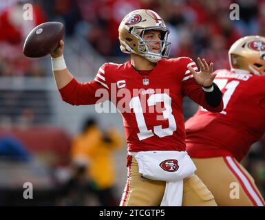 Santa Clara, United States. 10th Dec, 2023. San Francisco 49ers starting quarterback Brock Purdy (13) throws against the Seattle Seahawks in the first quarter at Levi's Stadium in Santa Clara, California, on Sunday, Dec. 10, 2023. (Photo by Nhat V. Meyer/Bay Area News Group/TNS/Sipa USA) Credit: Sipa USA/Alamy Live News Stock Photo