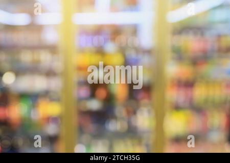 convenience store refrigerator shelves blurred background Stock Photo