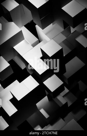 Black and white 3D abstract stacking cube blocks,geometric shapes. Backgrounds, copy space Stock Photo