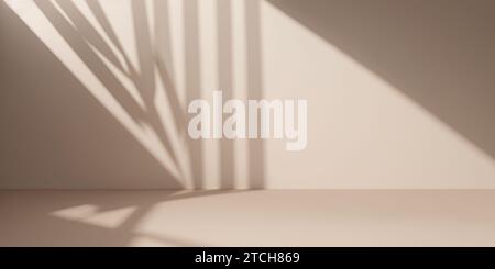 Floor with beige Stucco Wall Texture Background with Light Beam and Shadow, Product Presentation Backdrop, Display, and Mock up. Stock Photo