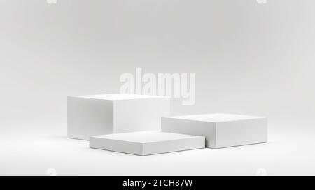 empty room with set of realistic white 3d rectangular podium cube or product display stand. Scene for showing or promoting products. 3d rendering. Stock Photo