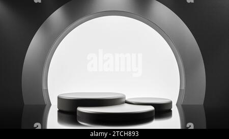 three black podium cylinders for product presentation with dark round arch. Scene for showcasing your product and design. product demonstration. 3d il Stock Photo
