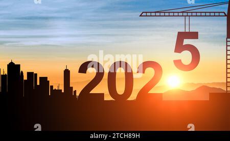 2025 New Year 2025 New Start Motivation Inspirational Quote Message 2025 New Year 2025 Construction Crane Sets Numbers For New Year 2025 New Start Motivation Inspirational Quote Message On Silhouette Crane In Sunset 2tch89h