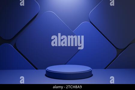 Abstract realistic 3d blue cylinder pedestal podium with dark blue abstract room scene. 3d rendering product display presentation. Futuristic scene. Stock Photo