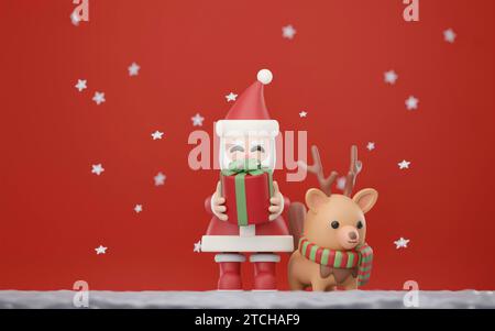 3D Christmas characters. Cute Santa Claus holding gift, reindeer render, New Year winter banner. Merry Christmas and Happy new year concept. Stock Photo