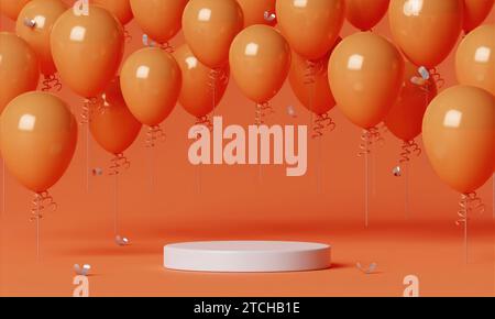 orange balloons floating with podium for product presentation on orange background. new year party concept. 3d render illustration. Stock Photo