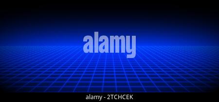 Glowing neon wireframe horizon background. Blue grid room floor in perspective. Bright retro futuristic wallpaper. Abstract checkered plane landscape. Game cyber surface. Vector backdrop Stock Vector