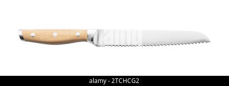 Bread knife placed on white background. View from directly above. Stock Photo