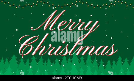 Merry Christmas with snow on green tree, decorative garland glow. Xmas Decorations. Vector illustration Stock Vector