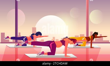 mix race pregnant women future moms doing stretching fitness exercises pregnancy motherhood expectation healthy lifestyle Stock Vector