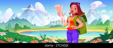 Female tourist with hiking backpack and map in hands stands by lake at foot of mountains. Cartoon vector summer landscape of active recreation and adventure concept with young traveling woman. Stock Vector