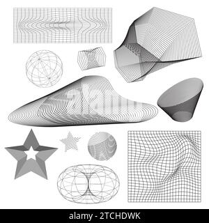Abstract wireframe figure drawings set isolated on white background. Vector illustration of 3D grid symbols, y2k mesh globe, star, cone, torus, landscape structure, terrain pattern model design Stock Vector