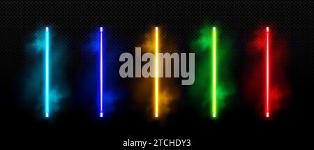 Neon led tubes set isolated on transparent background. Vector realistic illustration of turquoise, blue, yellow, green, red bar lamps glowing in smoke, night club design element, party decoration Stock Vector