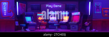 Retro night club with game machines. Vector cartoon illustration of dark play zone interior design, old arcade cabinets with buttons and console joystick, 80s vintage pinball equipment, poster on wall Stock Vector