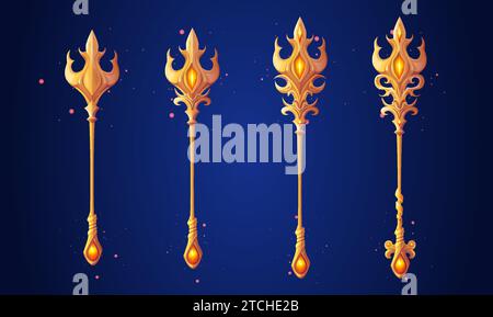 Golden trident staff set isolated on background. Vector cartoon illustration of magic wooden stick with iron weapon tip decorated with yellow gemstone, wizard tool, game rank asset, progress symbol Stock Vector