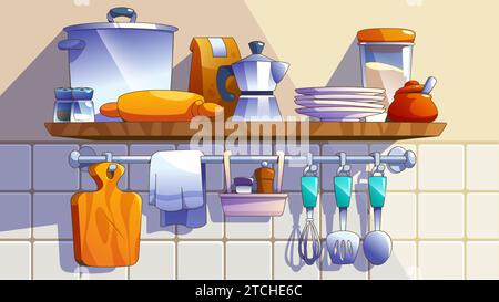 Kitchenware on shelf hanging on tiled wall. Vector cartoon illustration of home or restaurant kitchen cooking equipment, coffee maker, wooden chopping board, glass jars with pepper and salt, towel Stock Vector