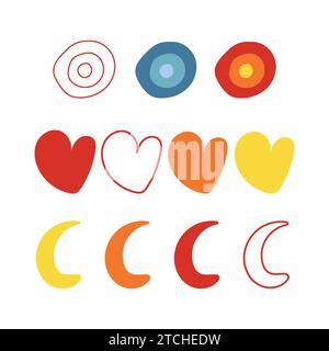 Abstract esoteric figures, eye, heart and moon and sun shapes. Trendy minimalist basic shapes, stars, lines and circles, rhombuses, modern graphic Stock Vector