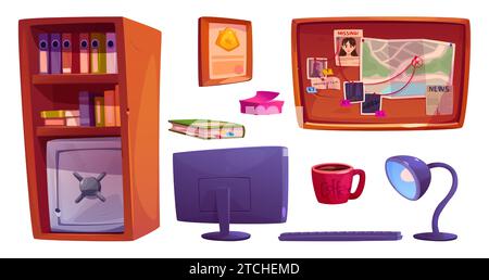 Detective office or police room interior furniture collection. Cartoon vector crime agency workspace elements - investigation map on pin board, rack with documents and safe box, computer and lamp. Stock Vector