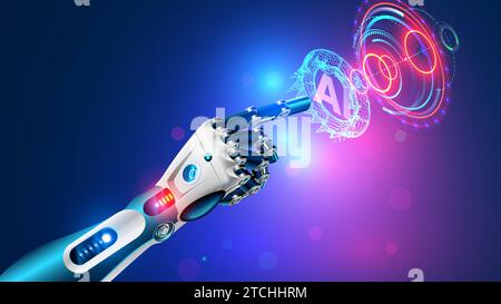 Robot arm with artificial intelligence presses a button with an AI logo. The cyborg hand touches the holographic interface with his index finger. AI b Stock Vector