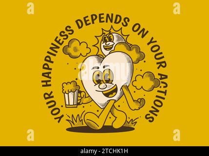 Your happiness depends on your actions. Character of a sun and heart holding a beer Stock Vector