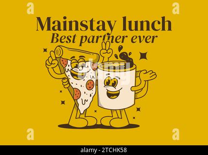 Mainstay lunch, best partner ever. Mascot character illustration of a coffee mug and a slice pizza Stock Vector