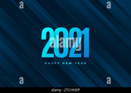 Happy new year 2021 banner with blue numbers on dark blue geometric background Stock Vector